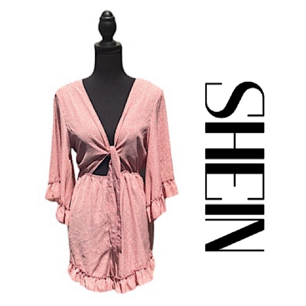 SHEIN Mauve Pink Polka Dot Bell Sleeve Tie Front Ruffled Romper Size L EUC!